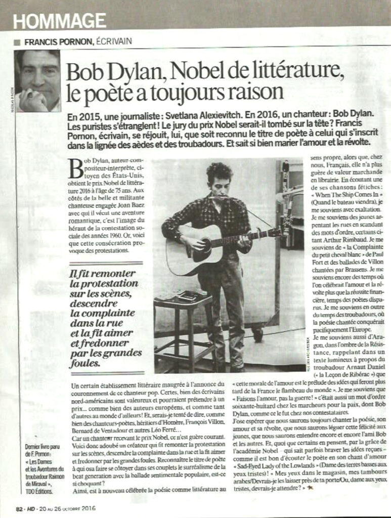 Article sur Bob Dylan, de Francis Pornon, écrivain, dans l'Humanité Dimanche